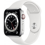 Apple Watch Series 6 (GPS + Cellular) 44mm Edelstahl silber mit Sportarmband weiß (M09D3TY/A)